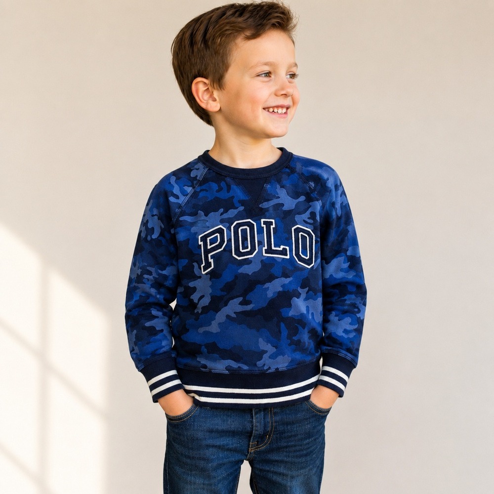 Polo Ralph Lauren Boys Blue Camo Crewneck Sweatshirt Logo Pullover Size 5
